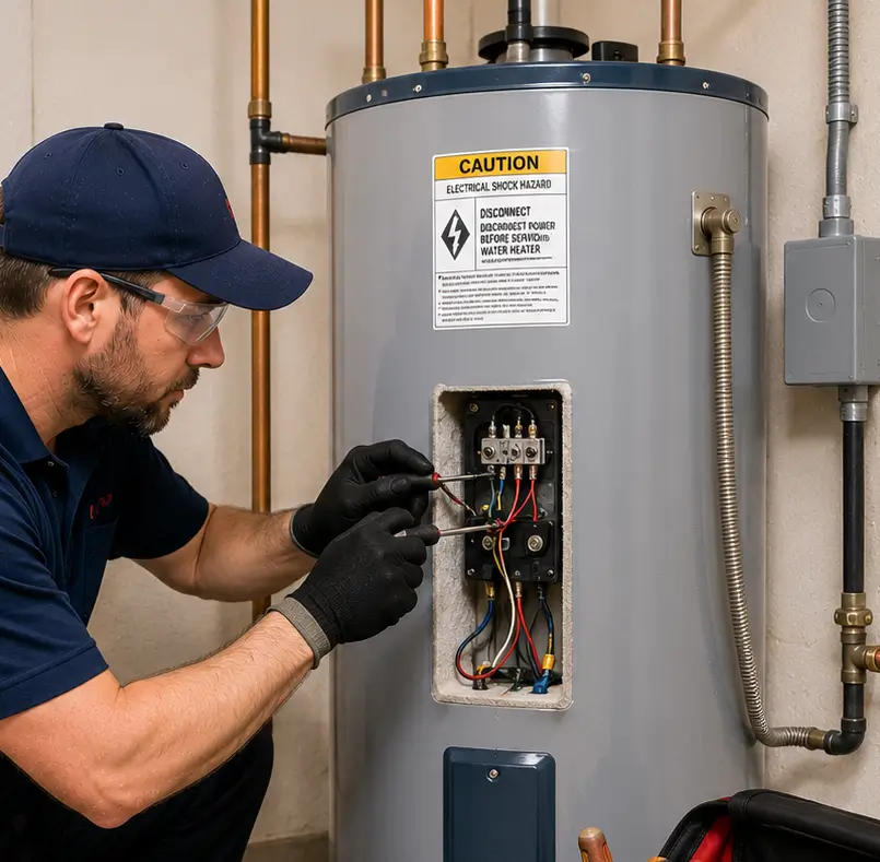 Technician cleaning a residential hot water system