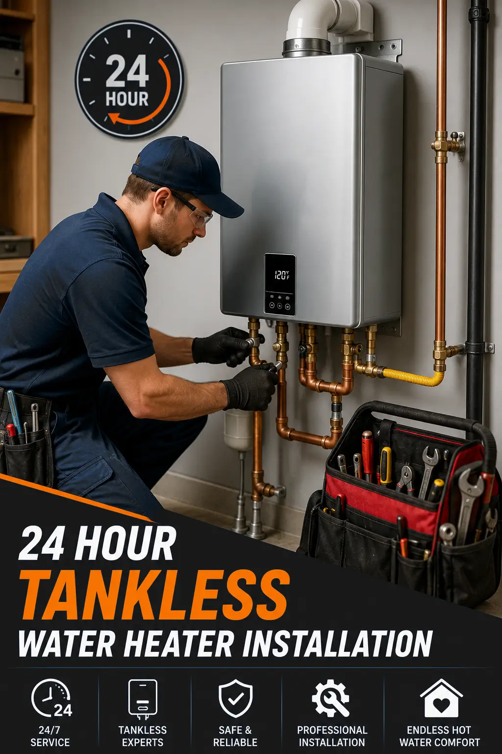 Professional plumber diagnosing a residential water heate