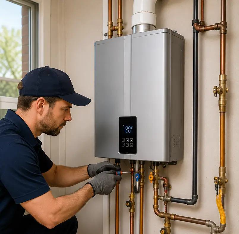 Residential water heater being flushed to eliminate mineral deposits and improve performance.