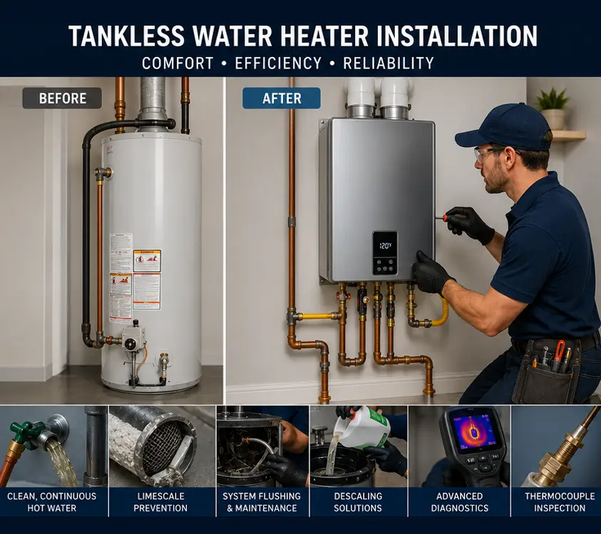 Professional plumber performing diagnostic testing and maintenance