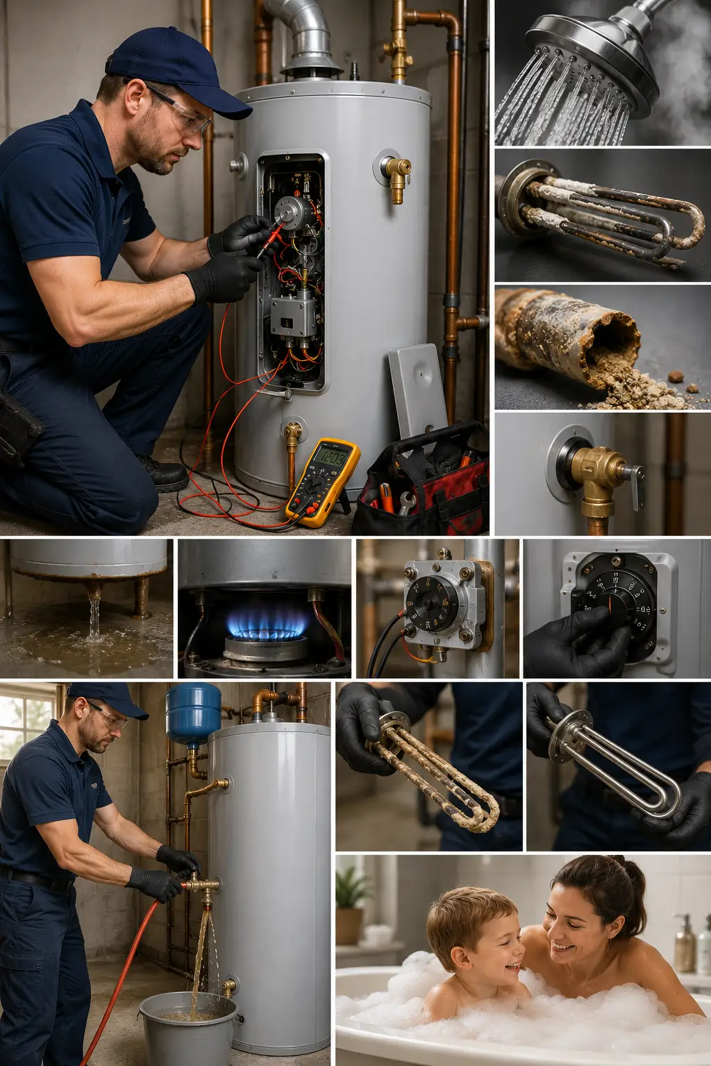 Professional plumber diagnosing a residential water heate