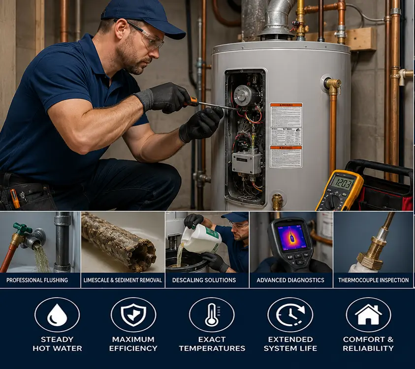 Professional plumber performing diagnostic testing and maintenance