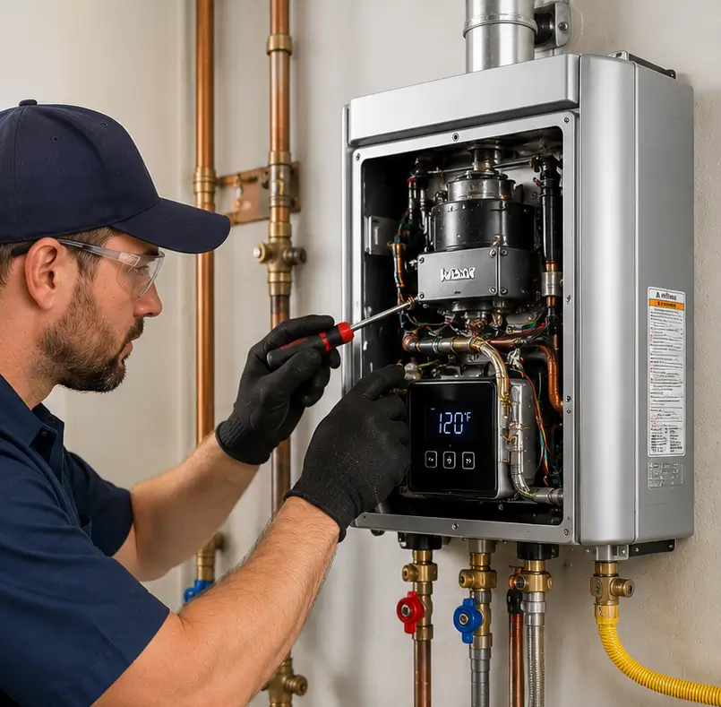 Technician performing water heater sediment removal
