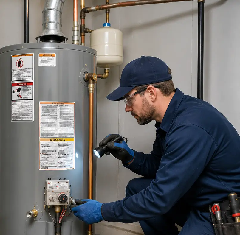 Skilled plumber removing scale and sediment from a residential water heater tank